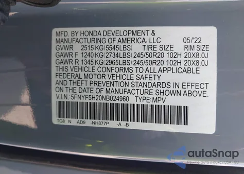 2022 Honda Pilot 2Wd Special Edition from USA, damaged, VIN 5FNYF5H20NB024960